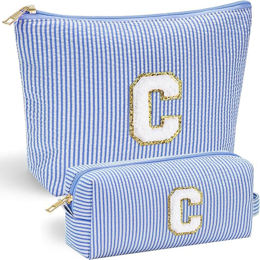 YOOLIFE Cute Makeup Bag for Girls Women - Personalized Initial Blue Makeup Pouch for Girlfriend Bridesmaid Wife | Cosmetic Travel Toiletry Bag for Her Mom | Birthday Preppy Stuff C