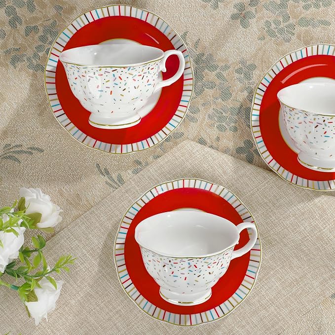 fanquare 21-Piece Colorful British Porcelain Tea Sets, 6 Cups and Saucers Set for Party, Rainbow Sprinkle Sugar Pattern Coffee Set for Adults, Birthday, Holiday, Celebrations