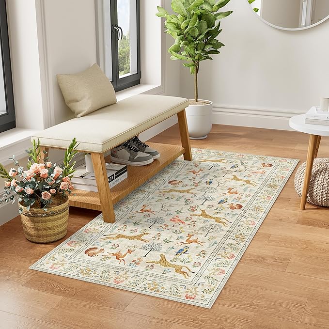 DUKINO 2x5 Rug for Hallway, Washable Animal Runner Rug Non Slip, Beige | Low Pile, Stain Resistant, Soft Indoor Carpet Runner for Kitchen, Entryway, Bedroom, Bathroom, Pet Friendly, Lightweight