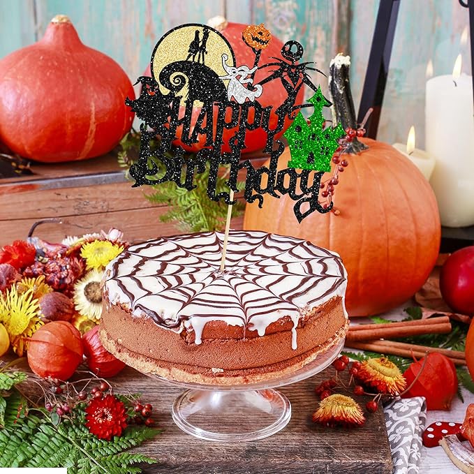 Gyufise 1Pcs Halloween Happy Birthday Cake Topper Glitter Jack and Sally Pumpkin Bat Castle Ghost Cake Pick for Theme Baby Shower Kids Birthday Party Cake Decorations