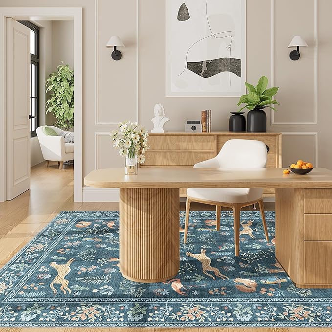 DUKINO 4x6 Area Rug, Non Slip Animal Washable Rug for Living Room, Blue | Soft, Low Pile, Stain Resistant Indoor Carpet for Bedroom, Dining Room, Nursery, Farmhouse, Pet Friendly, Non-Shedding