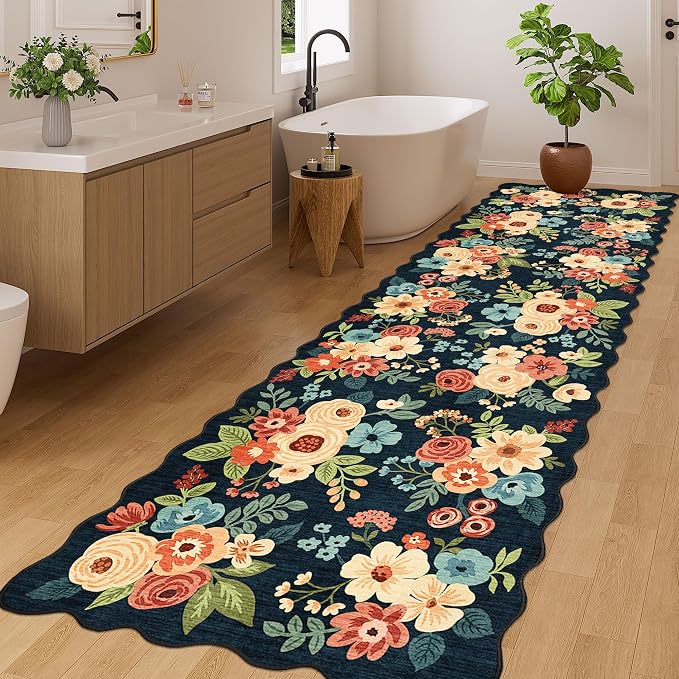 DUKINO 3x10 Runner Rug, Non Slip Floral Washable Rug for Hallway, Navy Blue | Low Pile, Soft, Stain Resistant Throw Carpet Runner for Kitchen, Entryway, Bedroom, Bathroom, Lightweight, Modern Home Decor