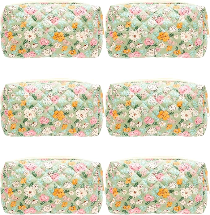 PAZIMIIK Small Quilted Makeup Bag,Zipper Cosmetic Pouch,Green Floral,6 Pack | Lightweight Cosmetic Bag Organizer for Women,Purse Storage Holds Makeup,Toiletries,Skincare,Beauty Essentials,Travel Items