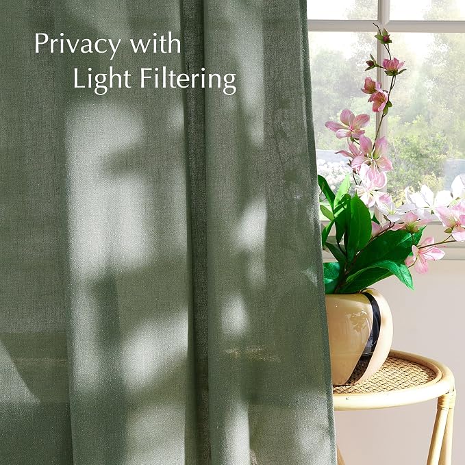 NICETOWN Forest Green Linen Curtains for Kitchen, Thick Flax Small Window Treatments Semi Sheer Privacy Assured with Light Through for Cafe/Bathroom, W55 x L84, 2 Panels