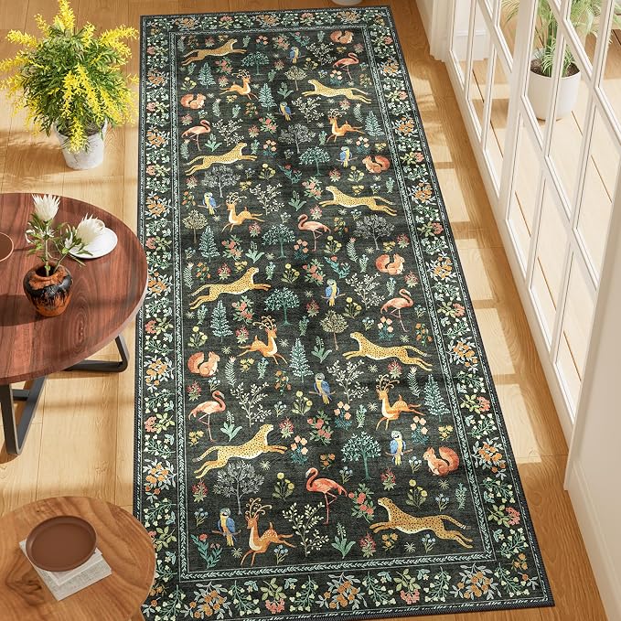 DUKINO 3x7 Hallway Runner Rug, Non Slip Animal Kitchen Runner Rug, Black | Soft, Low Pile, Stain Resistant Indoor Carpet Runner for Entryway, Bedroom, Bathroom, Laundry, Pet Friendly, Home Decor