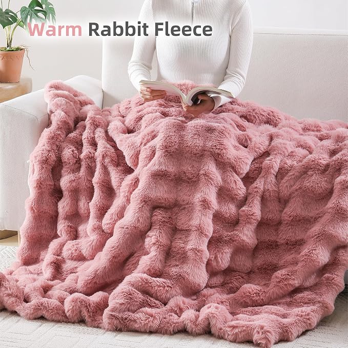 Faux Rabbit Fur Throw for Couch - Old Pink Bubble Blanket 60"x80" | Fluffy Plush Fuzzy Throw for Sofa & Bed, Super Soft Cozy Comfrt Blanket, Luxury Aesthetic Pink Decor Gift for Women
