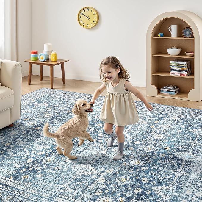 5x7 Area Rugs for Living Room Bedroom, Blue Washable Non-Slip Carpet | Soft Area Rug for Dining Room Home Office Indoor Nursery, Stain Resistant, Low Pile, Vintage Boho Distressed Rug