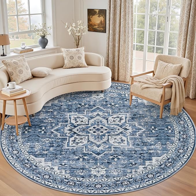 Round Area Rug for Living Room: 6ft Washable Vintage Boho Soft Thin Circle Rug Indoor Floor No Slip Stain Resistant Carpet for Bedroom Dining Room Farmhouse Nursery Home Office - Blue