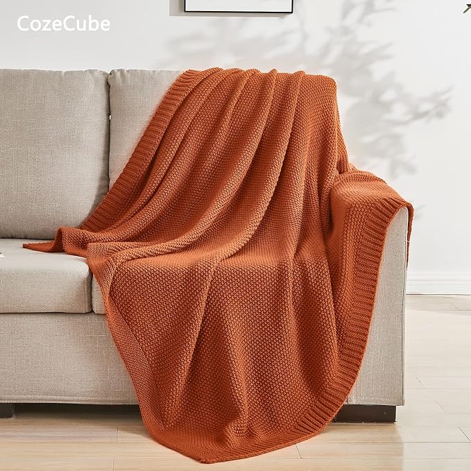 CozeCube Burnt Orange Seed Stitch Throw Blanket 50"x60", Farmhouse Decor | Blanket for Couch, Soft Cozy Cable Knit Throw for Bed Sofa Living Room, Lightweight Warm Decorative Christmas Blanket