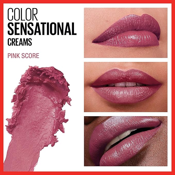 Maybelline Color Sensational Lipstick, Lip Makeup, Cream Finish, Hydrating Lipstick, Nude, Pink, Red, Plum Lip Color, Pink Score, 0.15 oz; (Packaging May Vary)