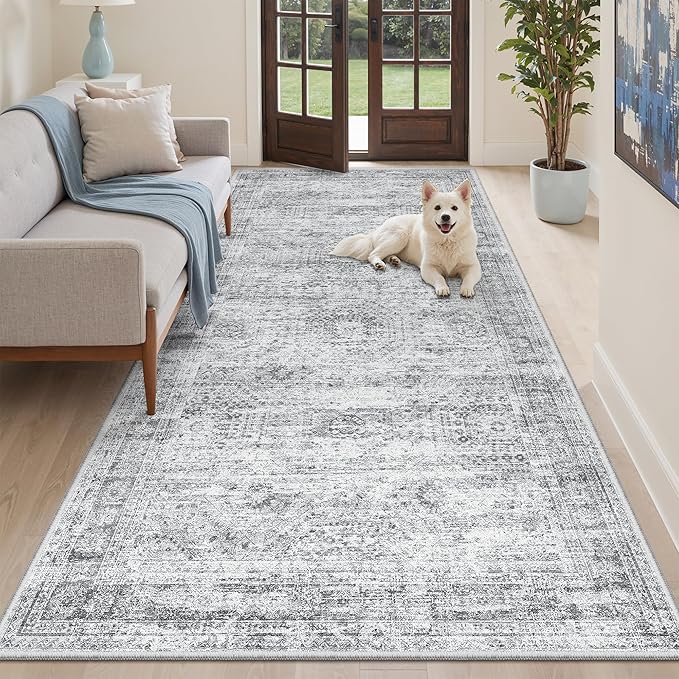 Soalmost Washable Hallway Runner Rug 4x8 Kitchen Entry Rugs Non-Slip, Grey | Vintage Wide Runners for Living Dining Room Entryway, Foldable Low-Pile Floor Carpet Mat 8ft for Corridor Foyer Bedroom