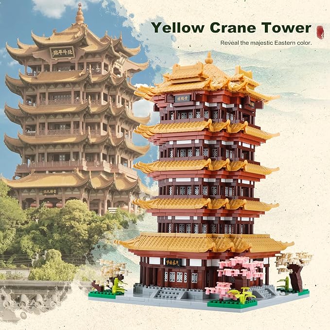 Chinese House Asian Architecture Micro Building Blocks Yellow Crane Tower for Adults - Decorative DIY Toys Gift for Age of 14+