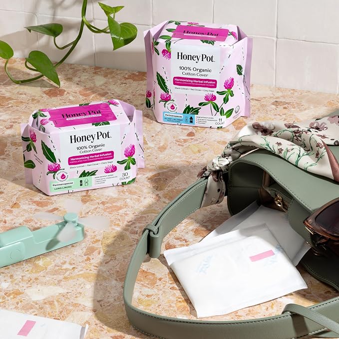 Honey Pot - Perimenopause All Day All Night Pads for Women - 100% Organic Cotton Top Sheet - Feminine Care - Multi-Fluid Absorbency - Harmonizing Herbs of Black Cohosh, Clary Sage, & Red Clover - 44ct