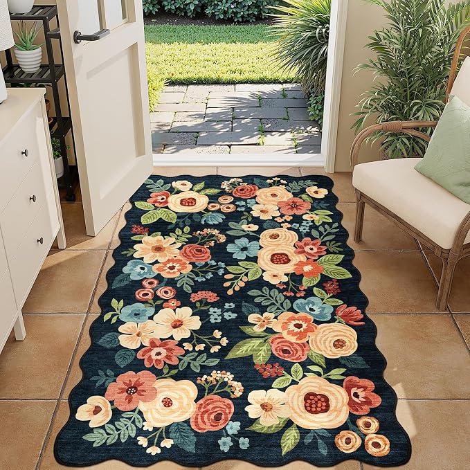 DUKINO 3x5 Area Rugs, Non Slip Floral Washable Rug for Bedroom, Navy Blue | Soft, Low Pile, Non-Shedding Throw Rugs for Living Room, Entryway, Kitchen, Kids Room, Pet Friendly, Home Decor, Lightweight
