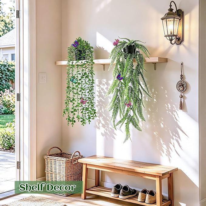 Der Rose 4 Pcs Fake Hanging Plants with Butterflies for Shelf Wall Decor | Artificial Eucalyptus Ivy Vines Faux Potted Hanging Plants Indoor for Bathroom Kitchen Office Wall Shelf Outdoor Decor