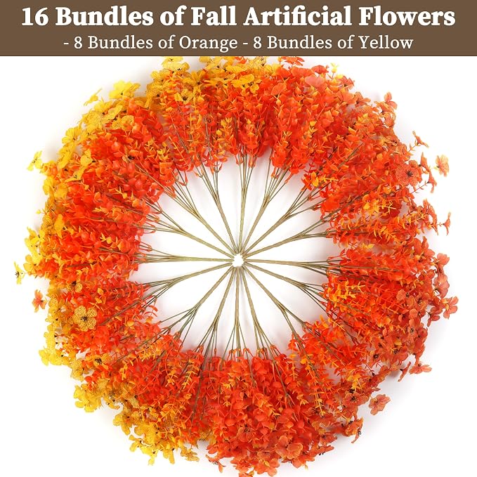 ColoPlay 16 Bundles Artificial Mums for Outdoors, Fake Flowers Fall Decor | Faux Mums for Outdoor Planters, Eucalyptus Leaves UV Resistant Fake Plants for Home Porch Box Wedding Farmhouse(Fall Red)