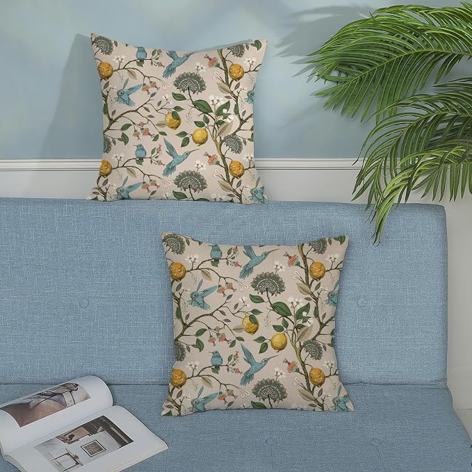 Chinoiserie Pillow Covers 16x16 Set of 2 Blue Green Bird Floral Throw Pillows Vintage Yellow Lemon Flowers Decorations Pillowcase Outdoor Chinoiserie Decor Linen Cushion Case for Couch Home