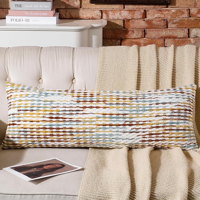 Boho Chenille Pillow Cover Decorative Tufted Pillowcase for Couch Bed Sofa Bedroom Living Room Modern 14 x 36-Inch Brown