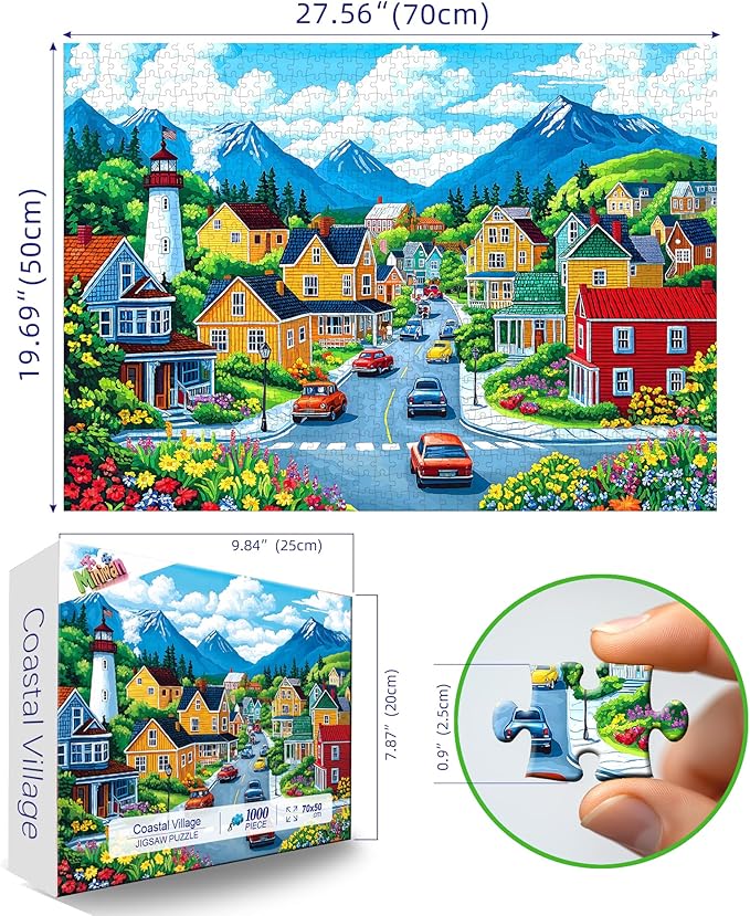1000 Piece Jigsaw Puzzle for Adults - Colorful Mountain Town: Vintage Cars, Lighthouse & Flower-Lined Streets, 27.5x19.7 Inch Unique Art Puzzle, Challenging Hard Difficult Puzzles for Adults