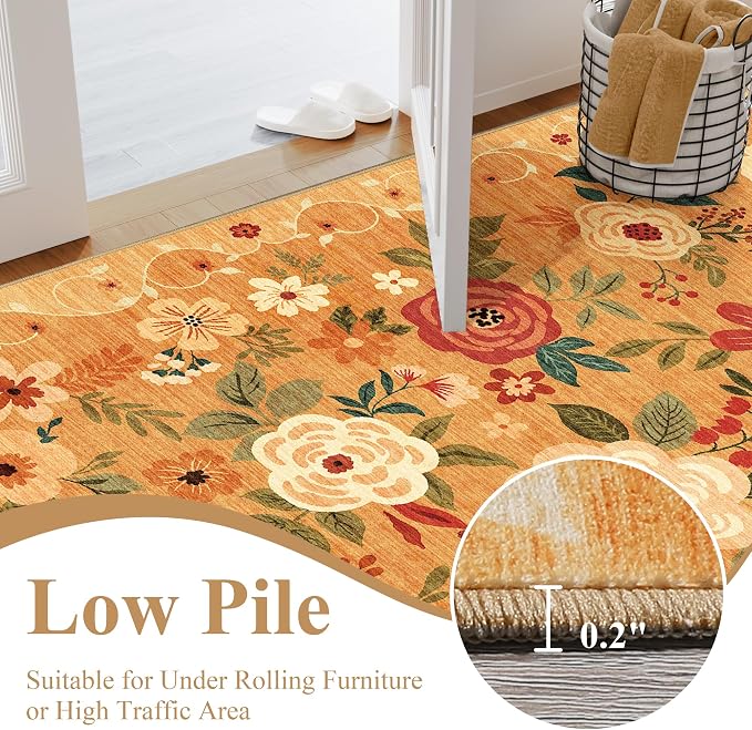 DUKINO 2x10 Runner Rug, Floral Washable Kitchen Runner Rug Non Slip, Orange | Soft, Low Pile, Stain Resistant Indoor Rug Runner for Hallway, Entryway, Bedroom, Bathroom, Laundry, Pet Friendly, Home Decor
