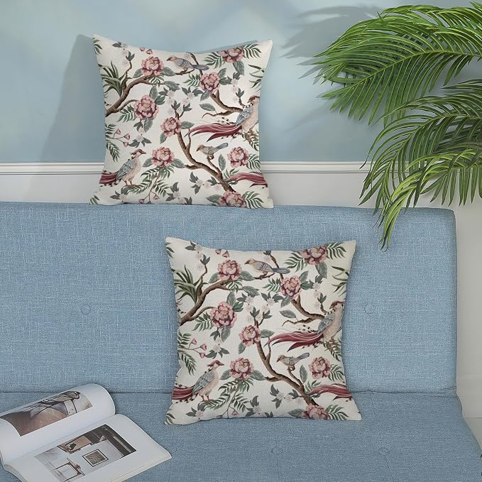 Chinoiserie Pillow Covers 18x18 Set of 2 Pink Green Bird Floral Throw Pillows Vintage Pink Flower Bird Decorative Pillow Cases Chinoiserie Decor Farmhouse Outdoor Cushion Case for Couch Sofa
