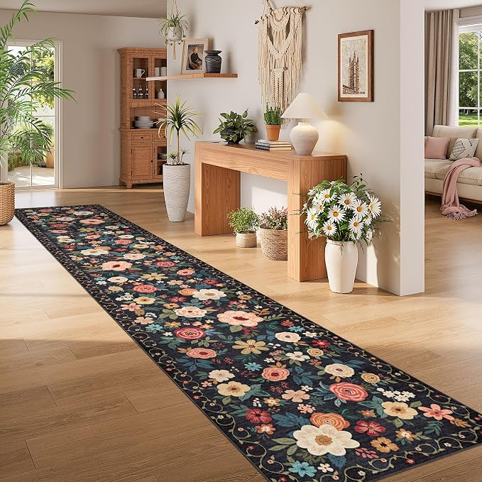 DUKINO 3x16 Runner Rug for Hallway, Non Slip Long Washable Rug, Black | Non Slip, Low Pile, Soft Floral Indoor Runner Rug for Kitchen, Entryway, Bedroom, Bathroom, Pet Friendly, Modern Home Decor