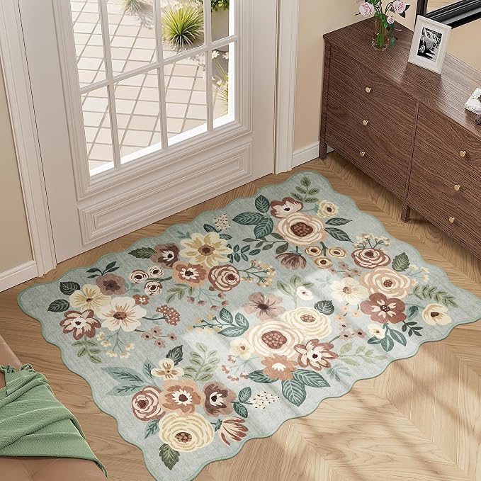 DUKINO 2x3 Rug for Entryway, Floral Door Mat Washable Rug, Sage Green | Non Slip, Low Pile, Soft Small Rugs for Kitchen, Entrance, Bedroom, Bathroom, Laundry, Pet Friendly, Non-Shedding, Home Decor