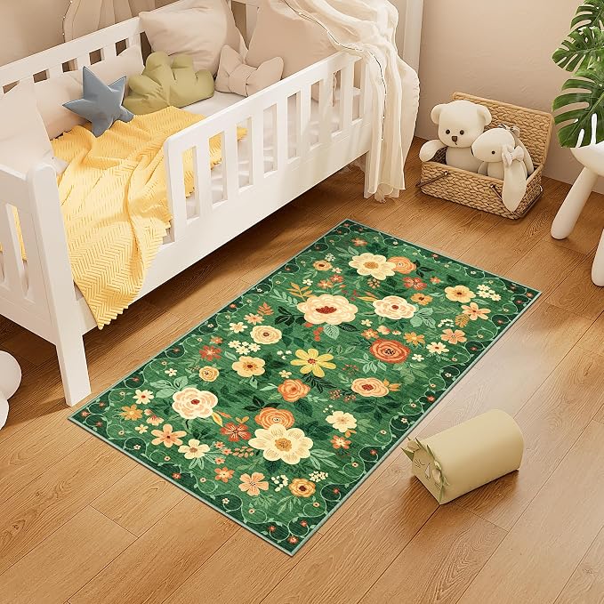 DUKINO 2x4 Entryway Rug, Floral Washable Kitchen Rugs Non Slip, Dark Green | Low Pile, Soft Indoor Runner Rug for Hallway, Bedroom, Bathroom, Laundry, Pet Friendly, Modern Home Decor, Stain Resistant