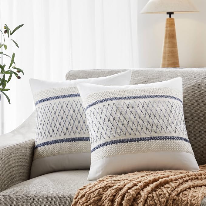 2pk Boho Pillow Covers 16x16, Natural White/Grid/Blue | 100% Organic Cotton Body, Stripe Embroidery, Farmhouse Decorative Cushion Covers for Sofa Bed Living Room Home Decor