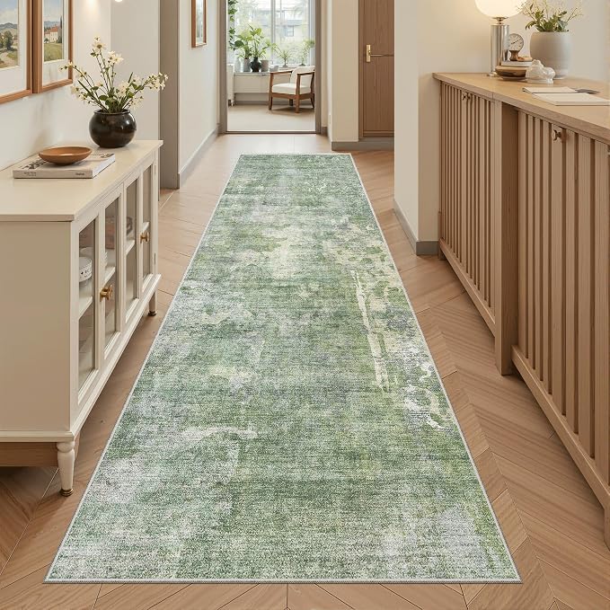 Soalmost Runner Rug 2'6"x8' Kitchen Hallway Runners Abstract Green/Ivory | Washable Non-Slip 2.5x8ft Carpet Entryway Bathroom, Low Pile Vintage Foldable Floor Mat for Corridor Laundry Room Bedroom