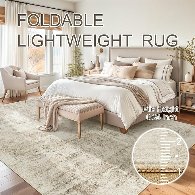 Soalmost 10x14 Area Rugs for Living Room Washable Rug Abstract Beige/Gray | Non-Slip Large Modern Carpet for Dining Bedroom, Soft Low Pile Lightweight Foldable Floor Mat Nursery Home Office Decor