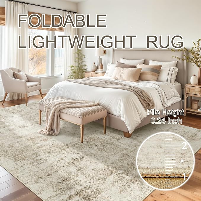 Soalmost Abstract Rug 8x10 Large Living Room Area Rugs Washable Beige/Gray | Modern Non-Slip Carpet for Dining Bedroom, Stain Resistant Foldable Thin Low Pile Floor Mat Under Table Home Office Decor