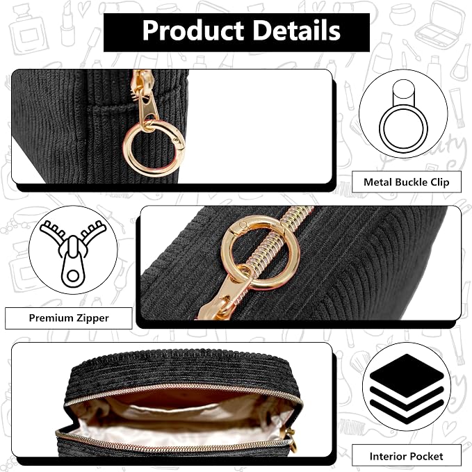 Period Bag for Girls, Corduroy Period Kit with Sanitary Pad Pouch, Menstrual Storage Bag and Tampon Holder for Purse, Girls School Essentials,Feminine Care Organizer(Black)
