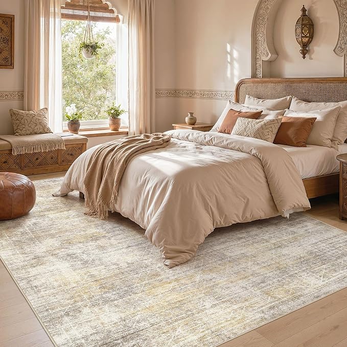 cotiled Washable Area Rugs 8x10 Living Room | Non Slip Backing, Stain Resistant, Pet Friendly, Large Neutral Soft Indoor Carpet For Bedroom, Nursery, Office, Gold/Brown