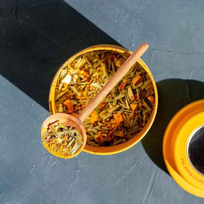 JusTea TURMERIC GINGER | Loose Leaf Herbal Tea | Tin with Hand Carved Tea Spoon | 40+ Cups (3.9oz) | Caffeine Free | Award-Winning | Fair Trade | Non-GMO