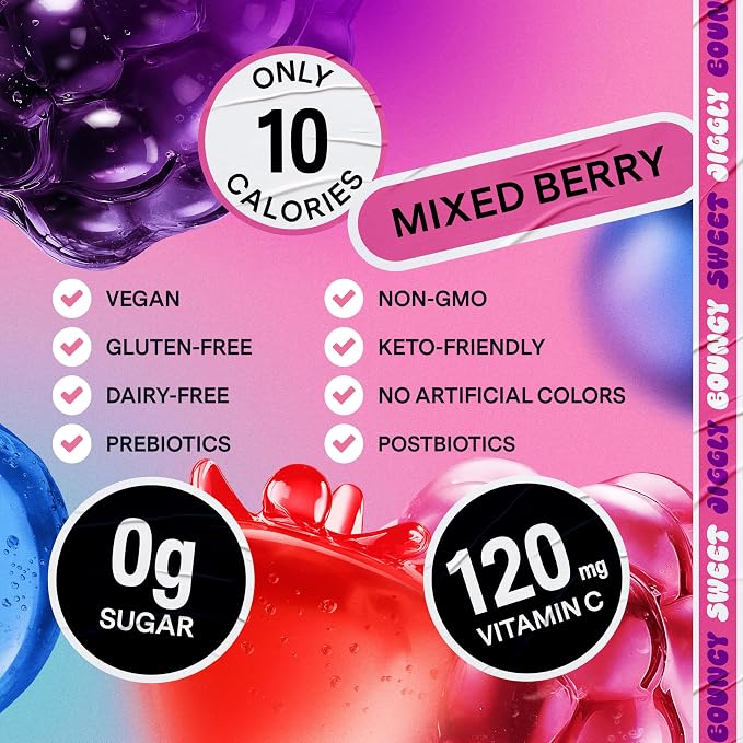 Dally Mixed Berry Drinkable Konjac Jelly, 10 Pouches, Fruit Snack | Sugar free, keto and gluten free; prebiotics, postbiotics and vitamin C for skin and immune health