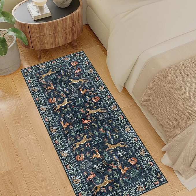 DUKINO 2x5 Rug for Hallway, Washable Animal Runner Rug Non Slip, Navy Blue | Low Pile, Stain Resistant, Soft Indoor Carpet Runner for Kitchen, Entryway, Bedroom, Bathroom, Pet Friendly, Lightweight