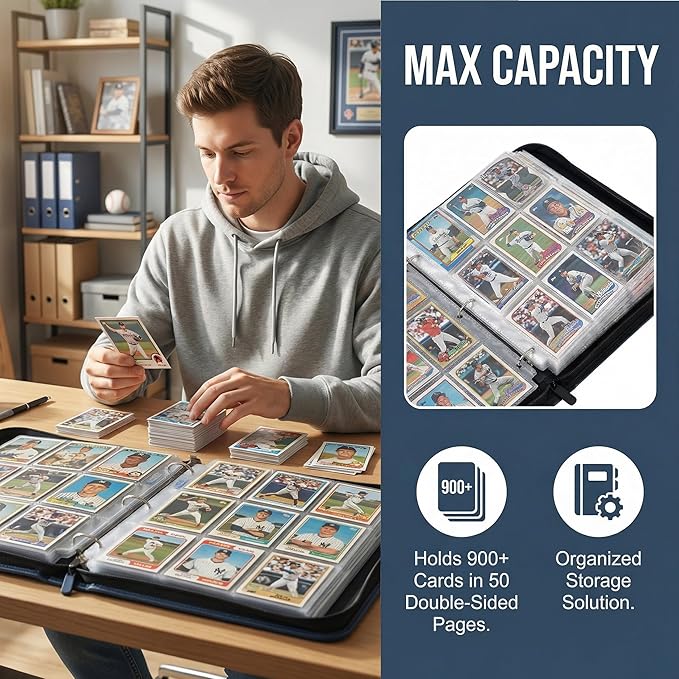 HBK Baseball Card Binder 900 Pockets Trading Card Holder Album with 50 Pages 3 Ring Sports Card Storage Case Waterproof PU Leather Gift for Collectors