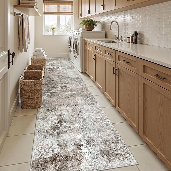 Soalmost Abstract Runner Rug 2x10 Hallway Kitchen Runners Pink/Grey | Vintage Washable Rugs for Bathroom Laundry Room, Low Pile Stain Resistant Floor Carpet Mat Entryway Corridor Bedroom