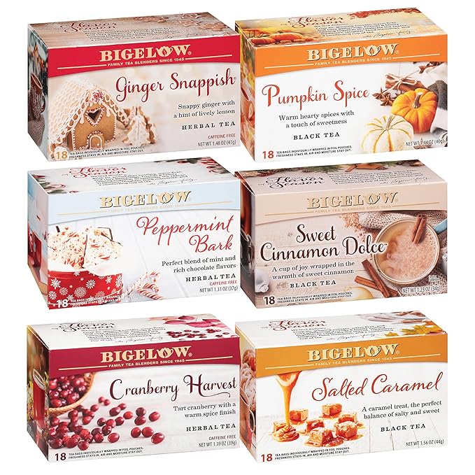 Bigelow Tea Seasonal Tea 6 Flavor Variety Pack, Mixed Caffeinated and Caffeine Free, 18 Count Pack of 6, 108 Total Tea Bags