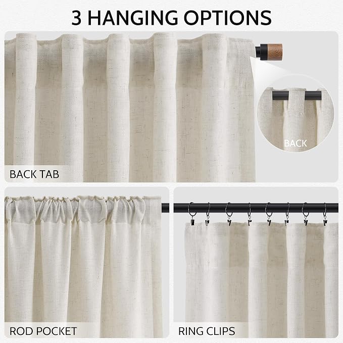 Nanspring Mousse White Lnen Curtains 102 Inches Long for Living Room Linen Light Filtering Semi Sheer Curtain Back Tab Simple Modern Floor to Ceiling Coastal Decor Drapes for Bedroom 52x102, 2 Panels