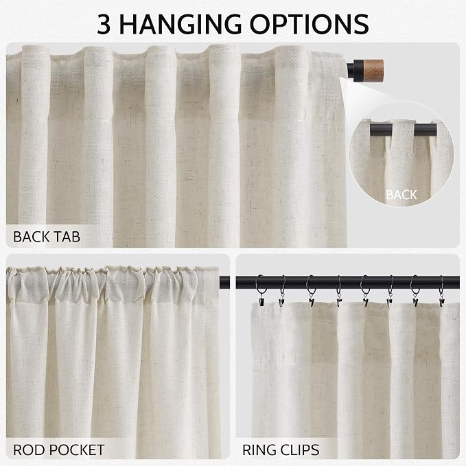 Nanspring Mousse White Linen Curtains 96 Inches Long for Living Room Simple Modern Luxury Light Filtering Semi Sheer Curtain Back Tab Neutral Coastal Decor Drapes for Bedroom Office 52x96, 2 Panels
