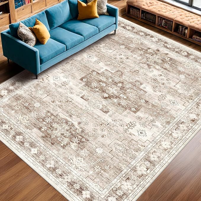 Beige Boho Rug for Living Room 8x12 - Washable Dining Room Rugs for Under Table, Vintage Low Pile Carpet for Bedroom, Non-Slip Farmhouse Large Thin Carpet for High Traffic Area (8x12 Beige/Latte)