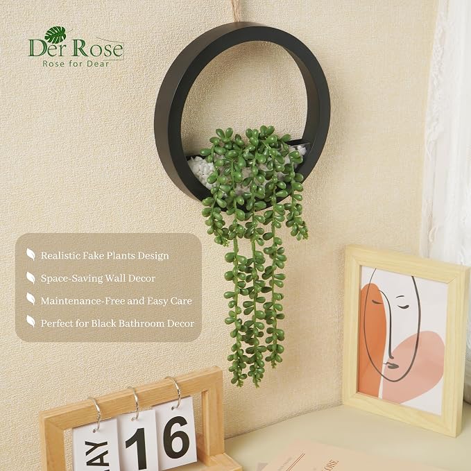 Der Rose 2 Pack 16" Artificial Hanging Plants in Black Pots for Wall Decor | Hanging succulents plants，faux string of pearls plants,great for bathroom bedroom living room boho wall decor，fresh all year