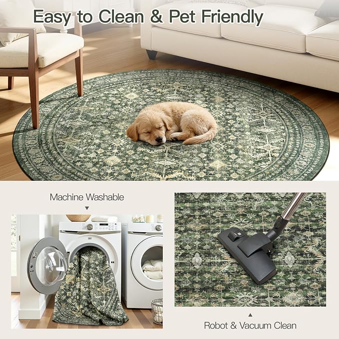 8ft Area Rugs for Living Room Bedroom, Green Washable Non-Slip Carpet | Soft Boho Area Rug for Dining Room Home Office Indoor Nursery, Stain Resistant, Low Pile, Foldable Vintage Distressed Rug