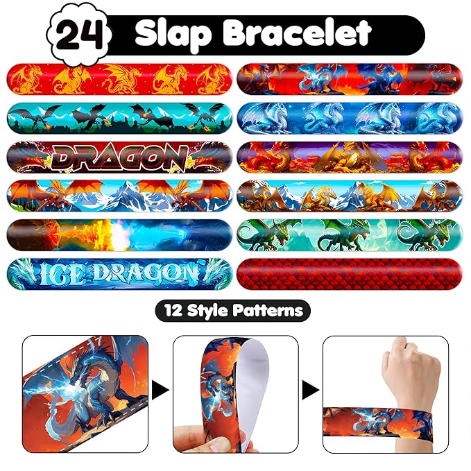 72PCS Dragon Party Set – 48PCS Temporary Pre - cut Tattoos & 24PCS Slap Bracelets – Fun Fantasy - Themed Birthday Supplies, Baby Shower Gifts, Classroom Rewards & Party Decor for Kids (Boys & Girls)