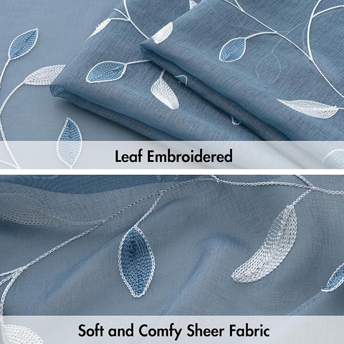 MIULEE Stone Blue Sheer Curtains 2 Panels Embroidered Leaf Patterned Rod Pocket Floral Semi Sheer Faux Linen Window Curtains Drapes Set for Living Room Bedroom Dining Room, 52x84 Inches Long