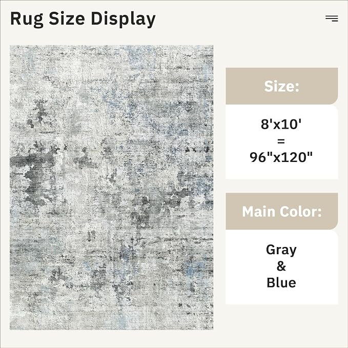 Soalmost Abstract Rug 8x10 Large Living Room Area Rugs Washable Gray/Blue | Modern Non-Slip Carpet for Dining Bedroom, Stain Resistant Foldable Thin Low Pile Floor Mat Under Table Home Office Decor