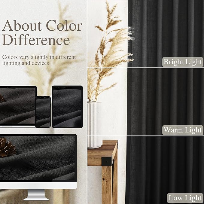 Black Semi Sheer Curtains 108 Inches Long 2 Panels Set Back Tab Loop Pocket Linen Blend Boho Large Window Drapes Extra Long Light Filtering Drapes High Ceiling Curtains for Living Room 40x108