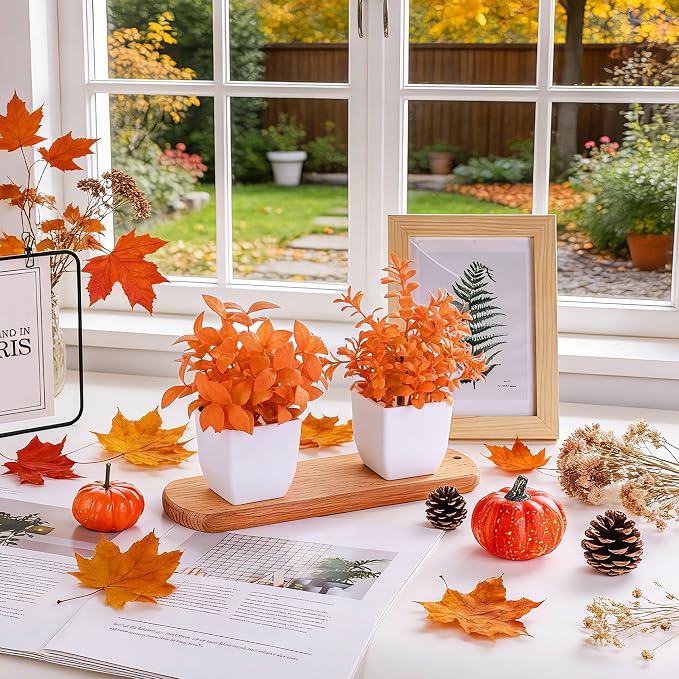 Der Rose 4 Pack Fall Fake Plants in White Pots, Autumn Bathroom Home Decor | Warm orange faux plants, Autumn fall seasonal accents, for shelf windowsill desk bathroom office and Halloween decor